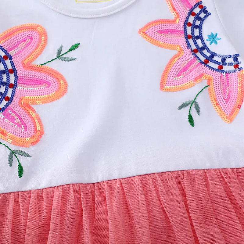 Girls Short Sleeves Dress Flowers Sequined Little Girls Mesh White Pink Ruffled 2-7Y
