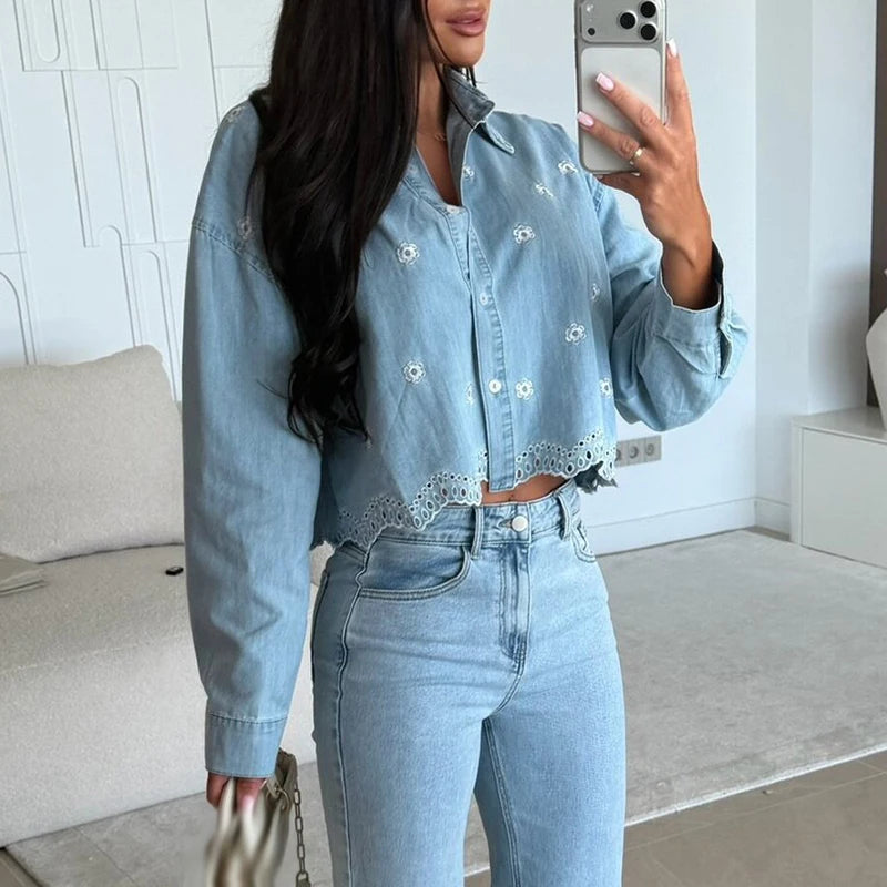 Women's Casual Cropped Denim Shirt Floral Embroidered Long Sleeve Loose Top