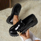 Woman Black Patent Leather Loafers Non-slip Platform Casual Shoes for Daily Wear