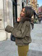 Women's  Faux Fur Collared Zip-Up Jacket with Pockets
