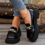 Women’s Patent Leather Shoes Classic Chain Design Chunky Loafers with Mid Heels