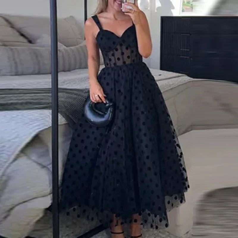 Black Midi Party Dress Polka Dot Tulle Mesh Sheer Sleeveless Ruffle High Waisted
