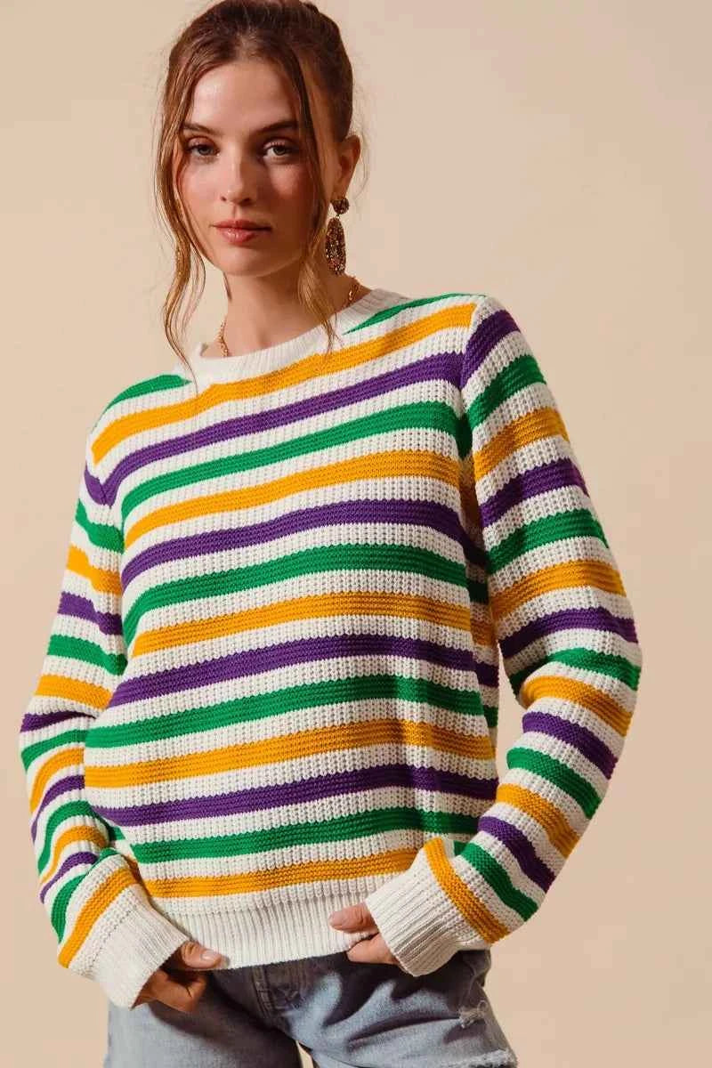 SO ME Women Sweater Ivory Mardi Gras Color Stripe Knit Top 5a005be8b4134138b9db6044b744a948-Max-Origin Trendsi