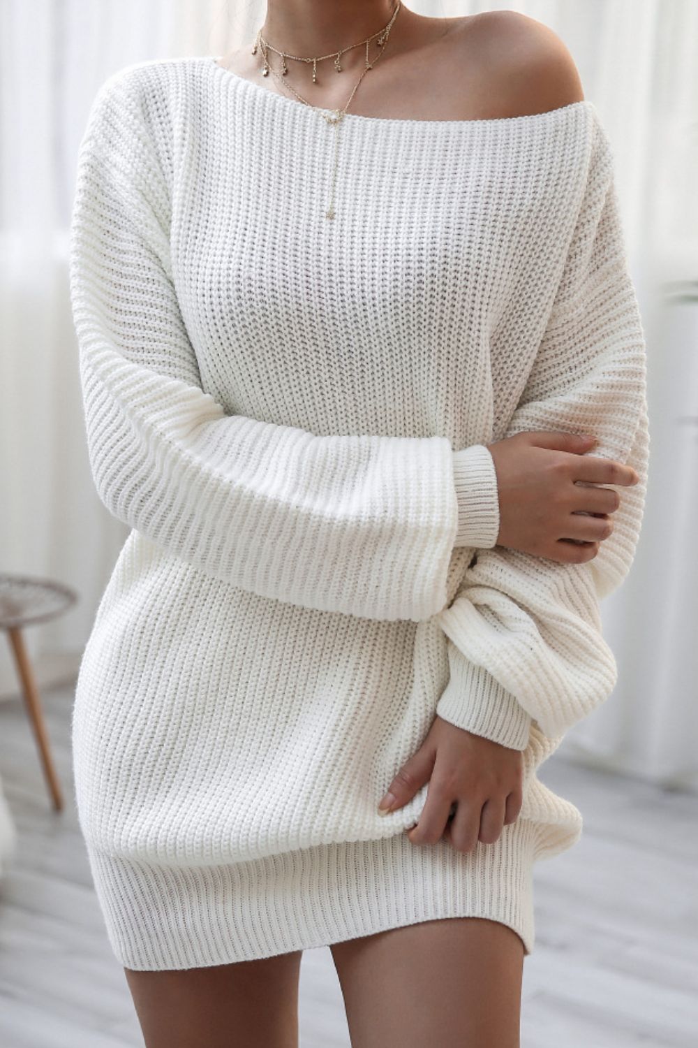 Mini Sweater Dress Boat Neck Long Sleeve Soft Acrylic Knit Basic Solid Style White 5a00c994-f0a1-4499-a26f-64784b0c73f1-Max Trendsi