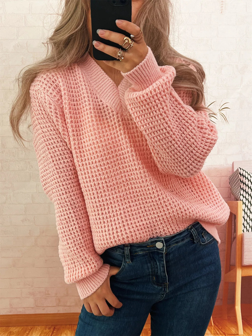 Women's Sweater V-Neck Textured Knit Loose Pullover 5a0250014b594ec18244e9d141b79b9e-Max-Origin Trendsi