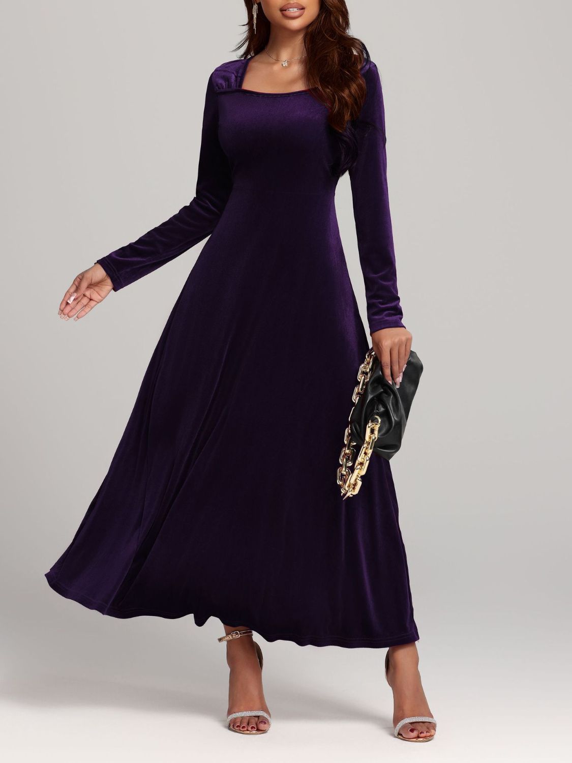Velvet Midi Dress Square Neck Long Sleeve Women Solid Party Dress Violet 5a064469-676f-4852-9d7d-89ac946f0538-Max Trendsi