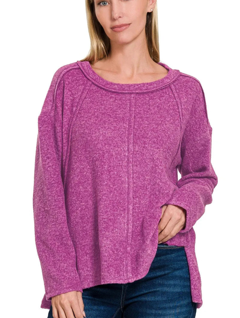 Zenana Women's Sweater Plum Brushed Hacci Exposed Seam Hi Low LT PLUM 5a06a9b878a64dc3bd28285f6bfd674a-Max-Origin Trendsi