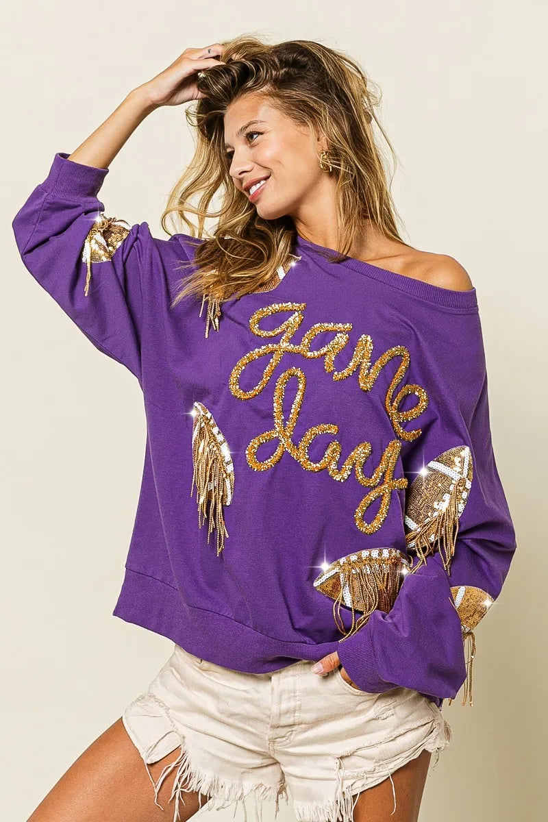 BiBi Womens Sweatshirt Sequin Football Patches Game Day Purple Top 5a138ee410564d2c974daf5ebee7b9fe-Max-Origin Trendsi