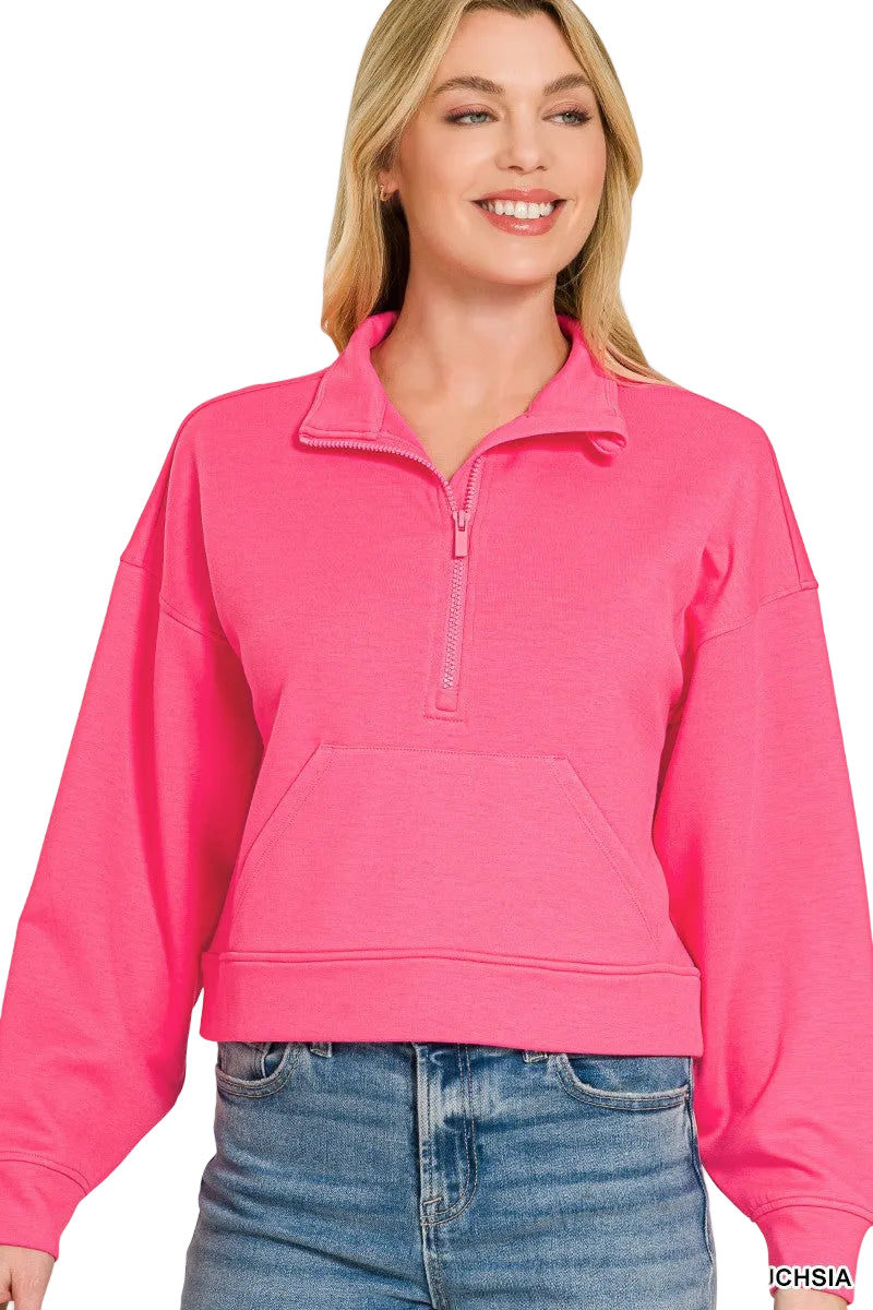 Zenana Scuba Half Zip Pullover with Kangaroo Pockets