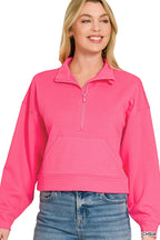 Zenana Scuba Half Zip Pullover with Kangaroo Pockets