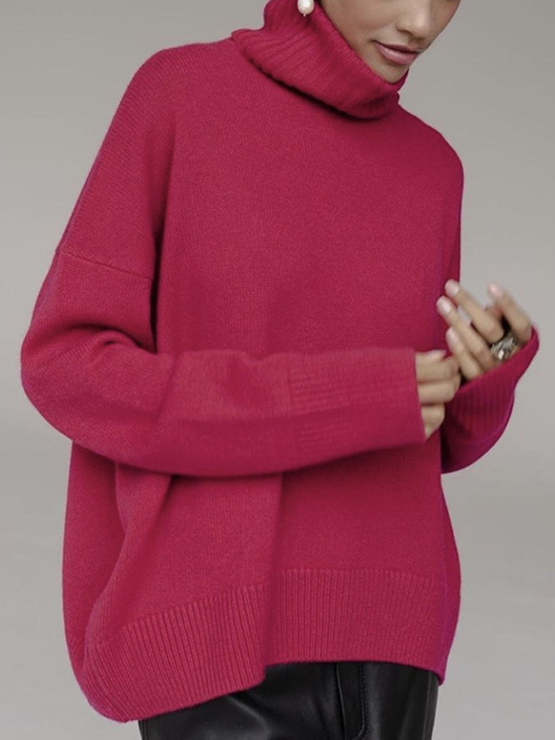 Turtleneck Women Sweater Basic Solid Oversized Long Sleeve Soft Knit Acrylic