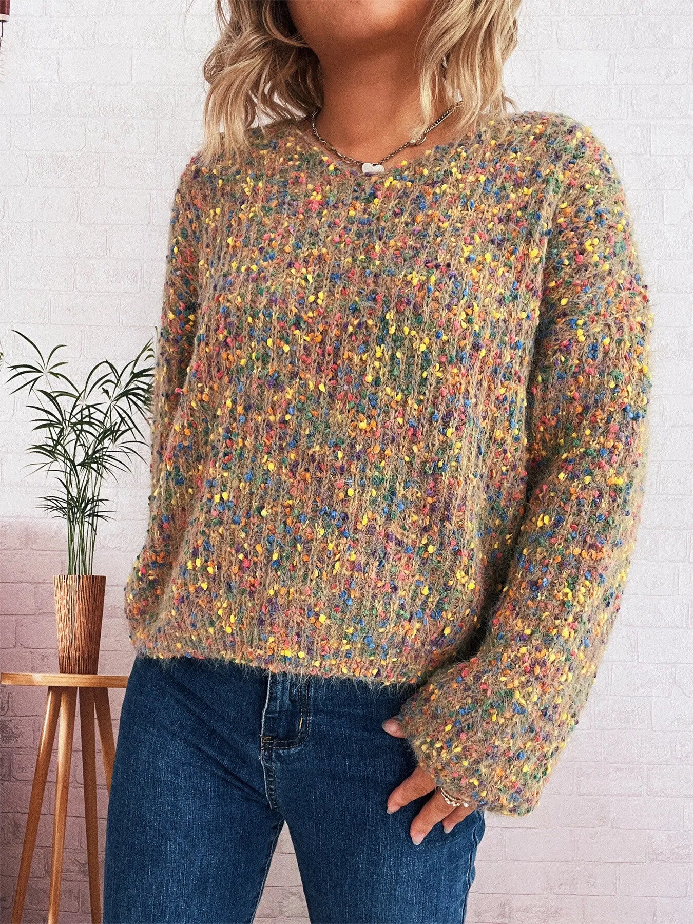 Women's Sweater Colorful Knit Oversized Long Sleeve Pullover Khaki One Size 5a1ac63f96b74e32ba4c011fb6d16d59-Max-Origin Trendsi