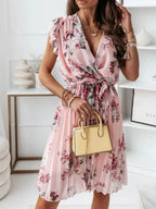 Floral Ruffle Dress Surplice Ruffled Cap Short Sleeve Tied Waist 5a27fb22-34b4-40e3-8790-6f649301aecd-Max-Origin Trendsi