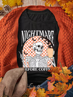 Halloween Skull Women's T-shirt Black Checkerboard Graphic Round Neck Tee 5a3608f30d7645babda743455ed98fc2-Max-Origin Trendsi