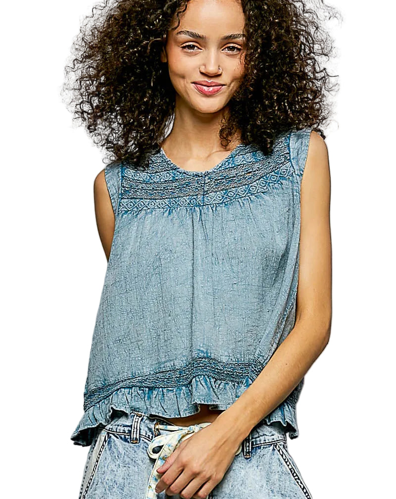 POL Sleeveless Cotton Blouse with Button Back Closure, Ruffled Hem, and Trim Detail