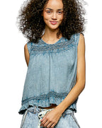 POL Sleeveless Cotton Blouse with Button Back Closure, Ruffled Hem, and Trim Detail