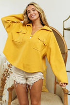BiBi Sweatshirt Mustard Cotton Blend Fleece Collared with Flap Pockets Top 5a47d3b74a2f4c0a81a28c61f21bd8ef-Max-Origin Trendsi