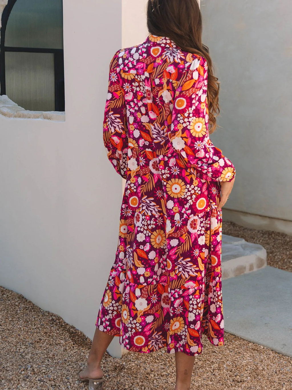 Midi Dress Hot Pink Colorful Floral Print Long Sleeve with Pockets 5a4b7d2a-fb9f-4a0b-b237-34aa1c6eec83-Max-Origin Trendsi
