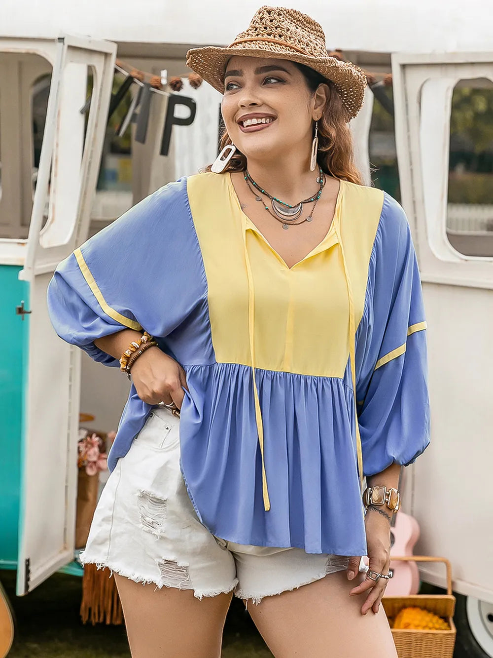 Plus Size Ruched Tie Neck Blouse with Balloon Sleeves