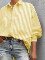 Women's Striped Shirt Button Down Long Sleeve Pink Pocketed Blouse Top 5a521527-7024-48d2-b11d-544f1d350c40-Max Trendsi