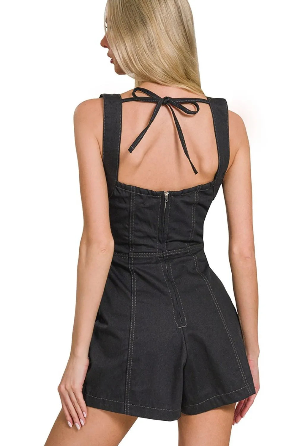 Zenana Romper Black Denim Tie Back Backless Contrast Stitching Jumpsuit 5a536c0e-948d-441d-b74f-5fe6dab25b46-Max-Origin Trendsi