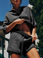 Sweater Set Women's Collared Neck Contrast Striped Top and Shorts 2 Pcs 5a5f68e2-d2bf-4d48-a971-5e09efd35358-Max-Origin Trendsi