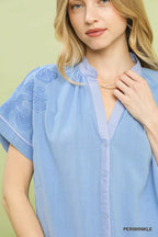 Umgee Blouse Embroidered Button Front Light Blue Short Sleeve Top 5a5f929f-3276-47f2-abd4-0b916e400c7d-Max-Origin Trendsi