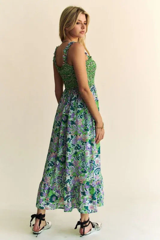 Davi & Dani Midi Dress Multi Green Floral Smocked Bodice Geo Ruffle Strappy 5a6a4fccdd4647df8a55d9f12269667c-Max-Origin Trendsi