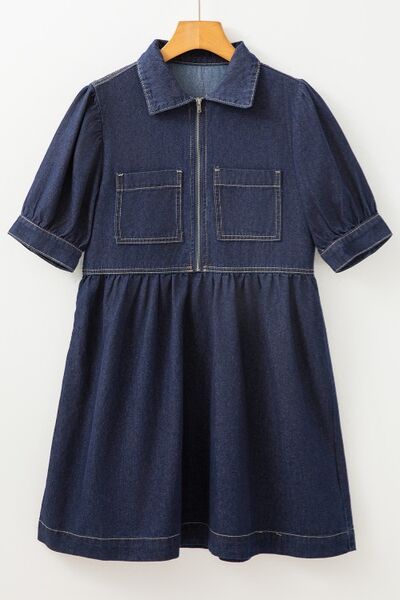 Denim Shirt Dress Collared Neck Half Zip Short Puff Sleeve Ruffled 5a6a7976-314a-4fae-97bc-08c95eee1825-Min Trendsi