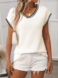 Women's Pullover Short Cap Sleeve Knit Top Contrast Stitch Trim V-Neck Cream 5a6b7234-23b0-4e1f-b681-28007fc3a3c2-Max Trendsi