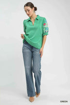 Umgee Seersucker Embroidered Sleeve Blouse