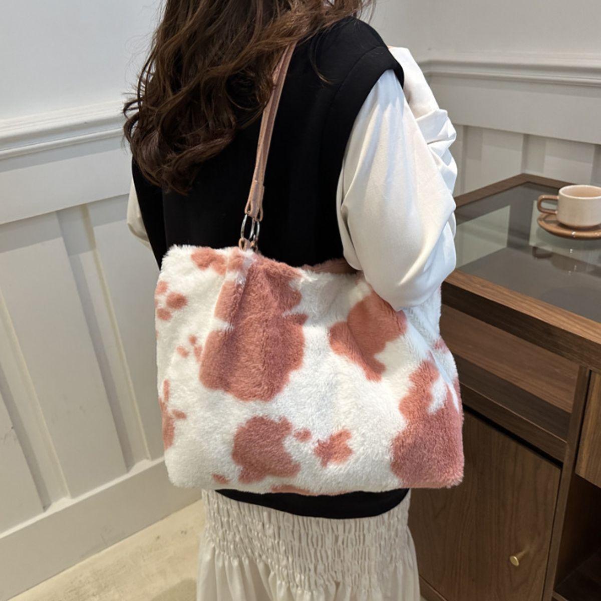 Furry Tote Handbag Large Cow Print Women Zipper Shoulder Bags 5a79345a-c937-4df2-bac6-019c5e35e33d-Max Trendsi