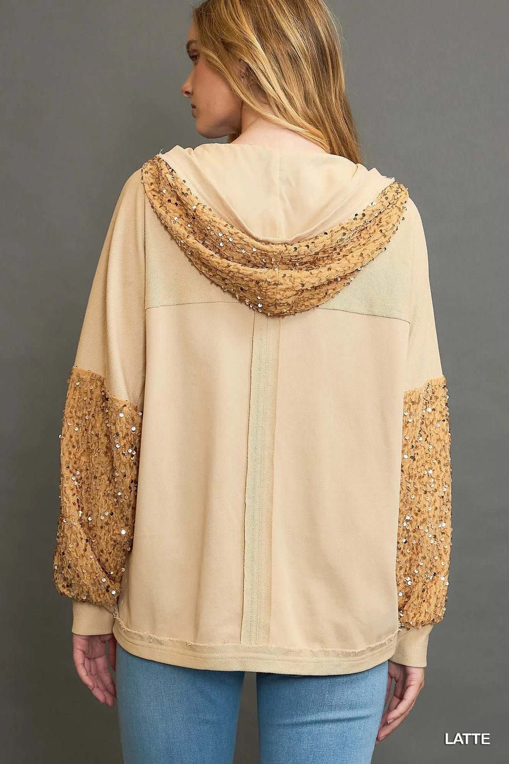Umgee Sequined Jacket French Terry Latte Color Hooded Oversized Outwear 5a82dcf3-58ad-43ab-9ac0-ab1b870b8108-Max-Origin Trendsi