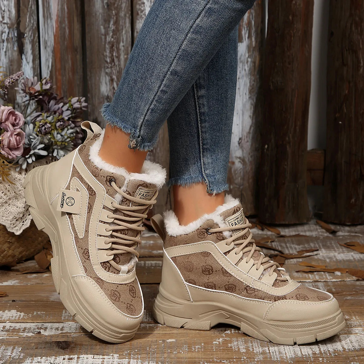 Women's Sneaker Boots High-Top Platform Chunky with Lace-Up Fluff Shoes 5a83f19fa4f6462d85163dbff719b984-Max-Origin Trendsi