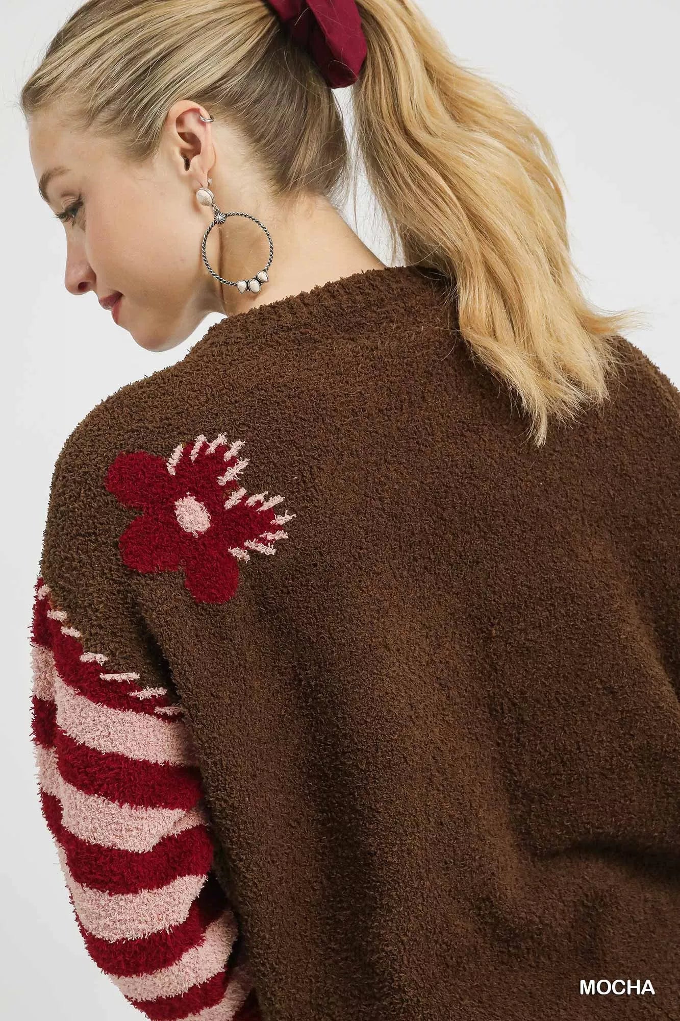 Umgee Sweater Mocha Flower Jacquard Striped Long Sleeve Knit Pullover 5a88de35-1537-4b1d-b892-7e8d1904324b-Max-Origin Trendsi