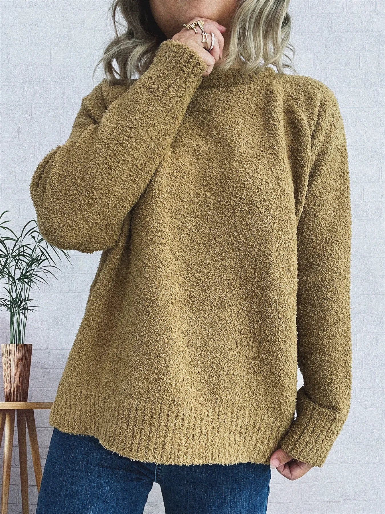 Women's Sweater Round Neck Raglan Sleeve Knit Pullover Khaki One Size 5a8ece7fa8224aa7b0076773bb27f163-Max-Origin Trendsi