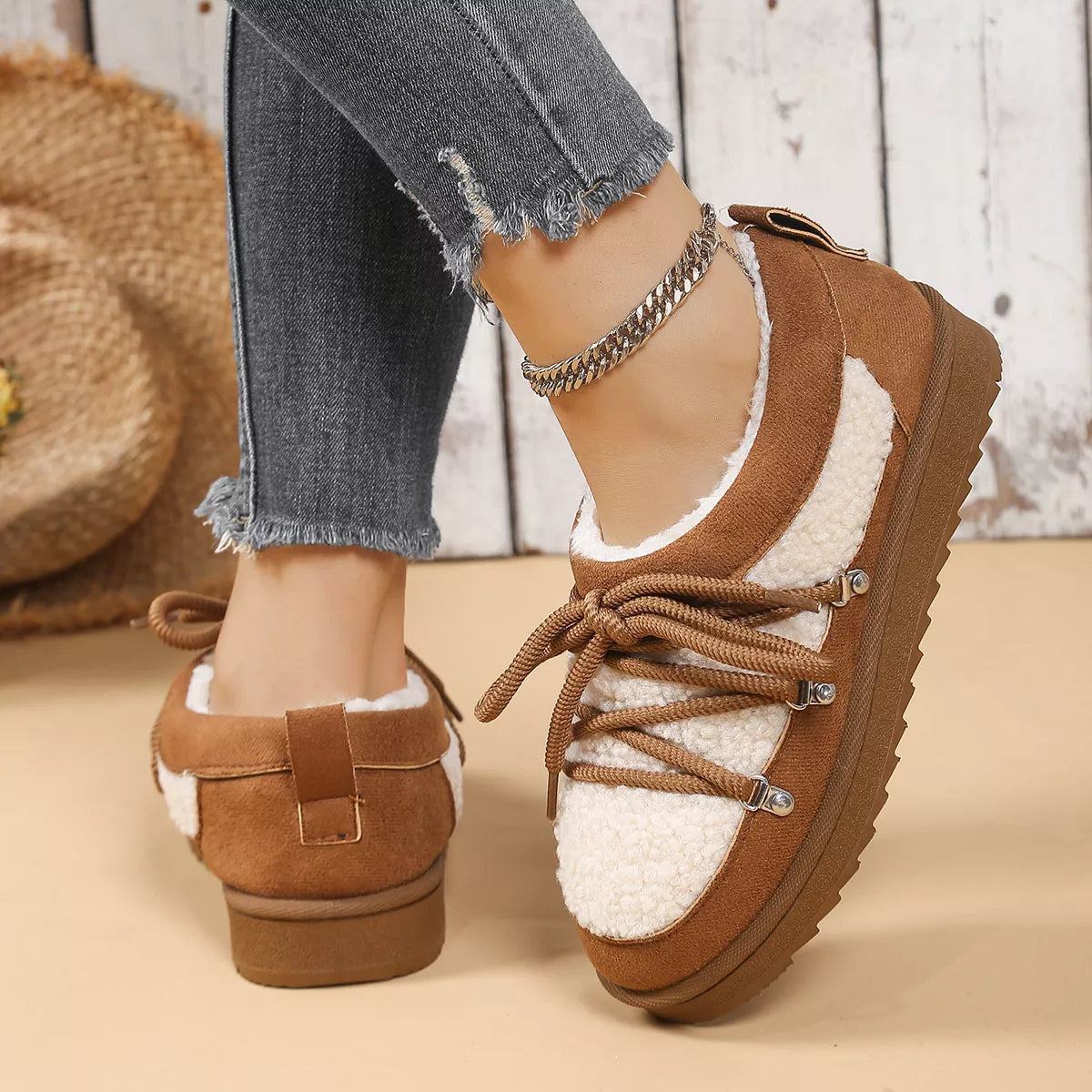 Women's Ankle Boots Lace Up Round Toe Platform Fluff Shoes Camel 5a9405d4546642ab8df135f37b5f23a0-Max-Origin Trendsi