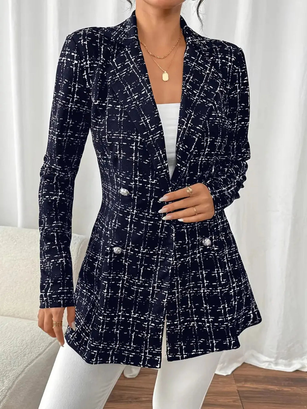 Tweed Blazer Women's Double-Breasted Long Sleeve 5a9a7139a1654299a025f3e51bd89f97-Max-Origin Trendsi
