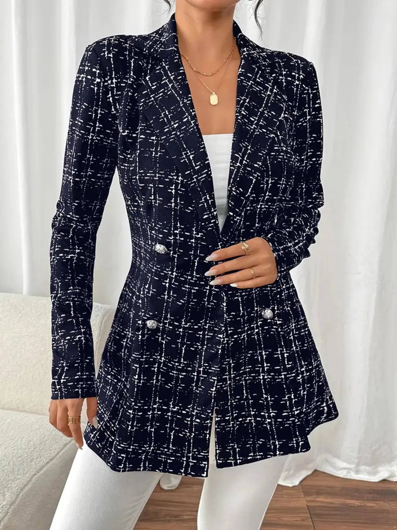 Tweed Blazer Women's Double-Breasted Long Sleeve 5a9a7139a1654299a025f3e51bd89f97-Max-Origin Trendsi