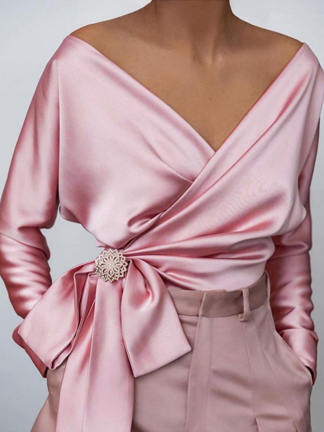 Women's Satin Blouse Surplice Cold Shoulder Long Sleeve Bow Tied Top Blush Pink 5aabfe5e-ac24-45f6-ad21-84db7852b50e-Max Trendsi
