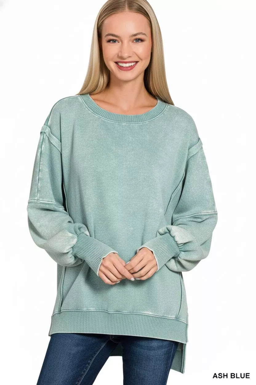 Zenana Womens Fleece Sweatshirt Ash Blue Acid Washed Batwing Sleeve 5aadc300-5440-4e7f-b5af-5b5bb4f1046f-Max-Origin Trendsi