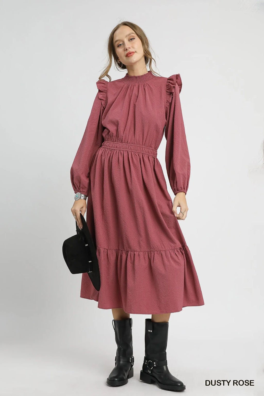 Umgee Midi Dress Dusty Rose Textured with Ruffle Shoulder Long Sleeve Smocked 5acd00cf-09a4-4e74-b598-82de164bcfe2-Max-Origin_d4fb68c1-a225-48a3-b745-2de16df93e4c Trendsi