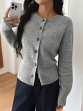 Women's Cardigan Gray Ribbed Knit Button-Up Round Neck Gray 5acea014fbea4582a87c3ded2941bdde-Max-Origin Trendsi