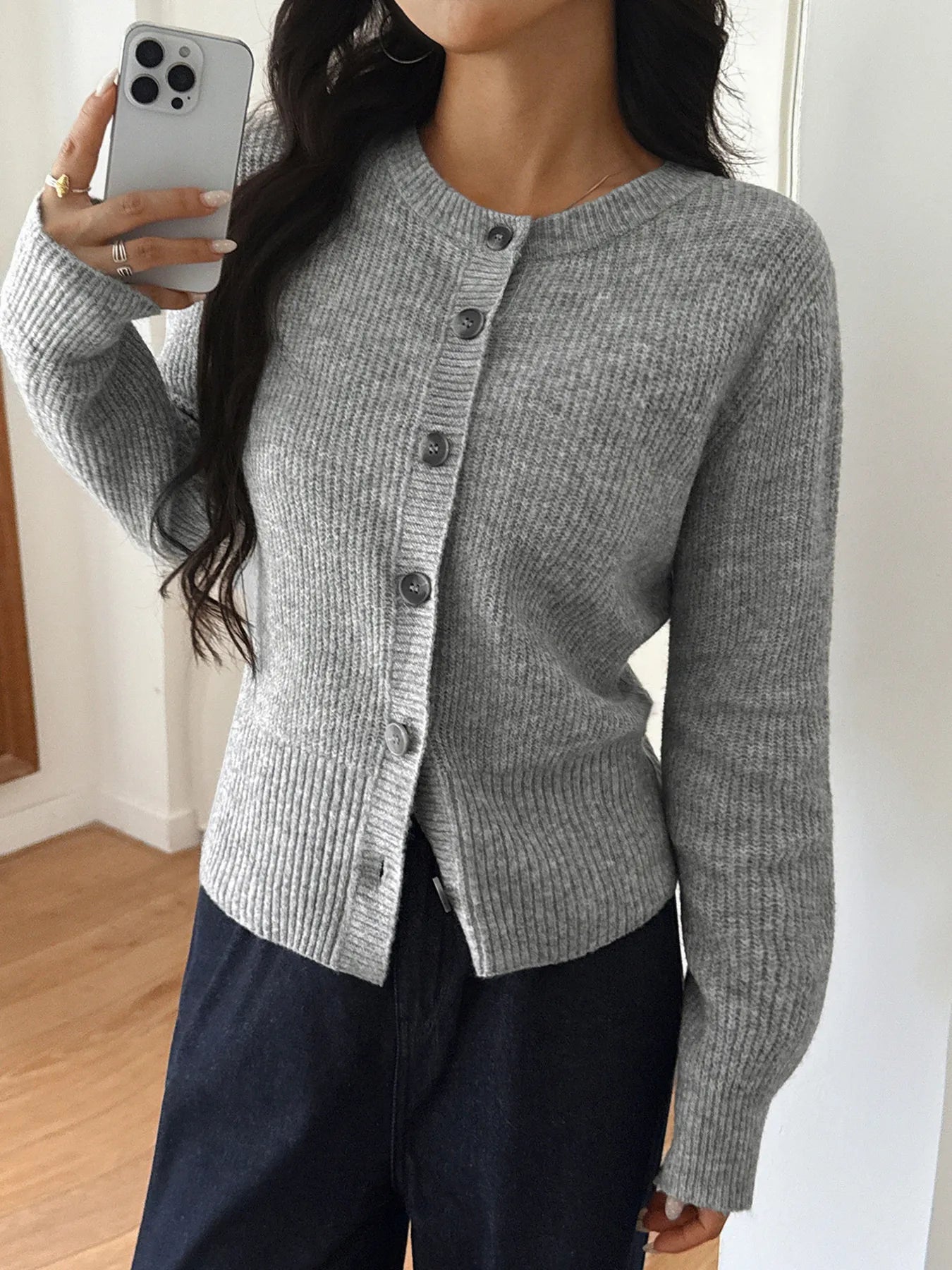 Women's Cardigan Gray Ribbed Knit Button-Up Round Neck Gray 5acea014fbea4582a87c3ded2941bdde-Max-Origin Trendsi