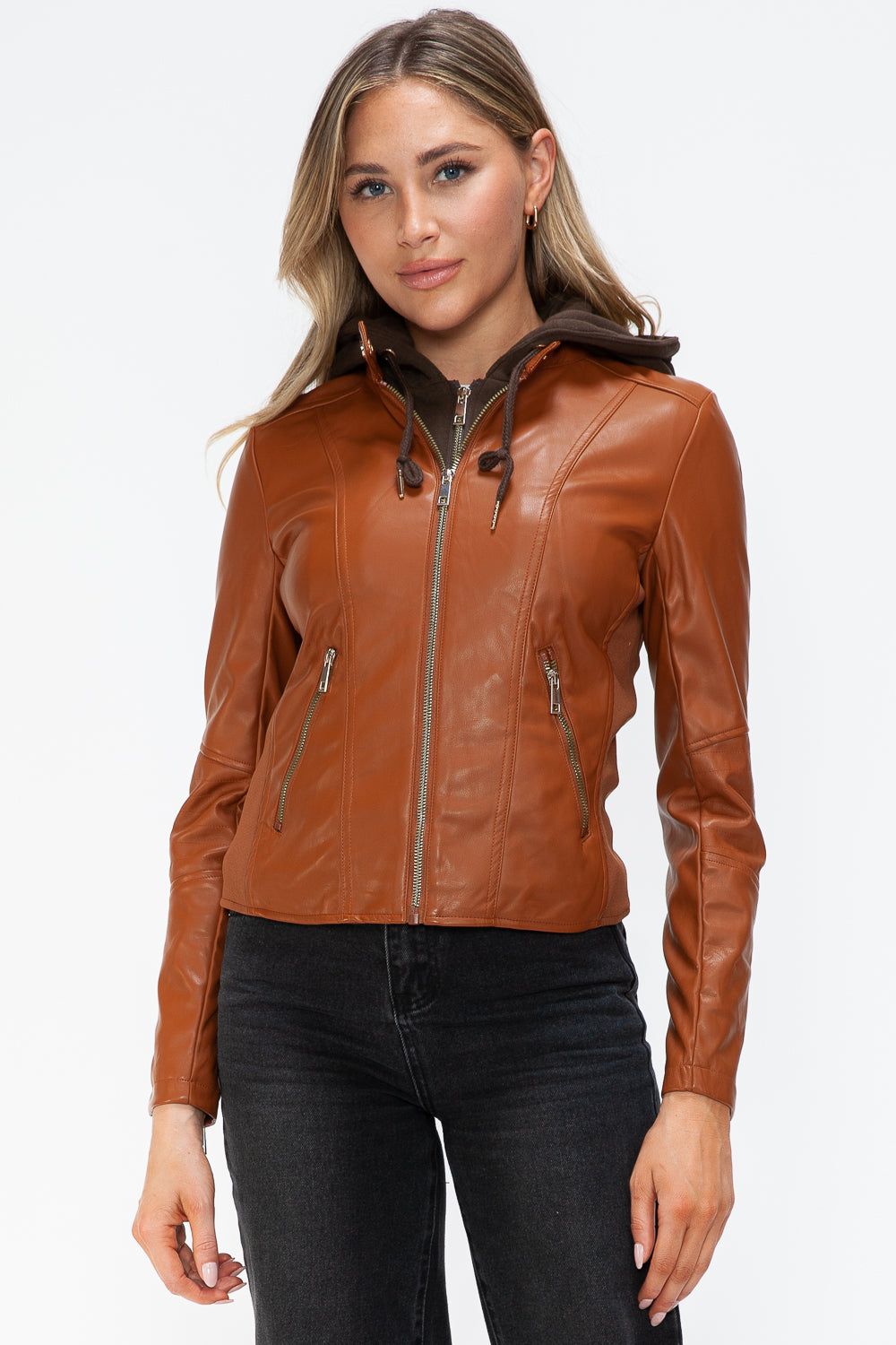 Snobbish Faux Leather Camel Women Zip Up Hooded Jacket Pocketed