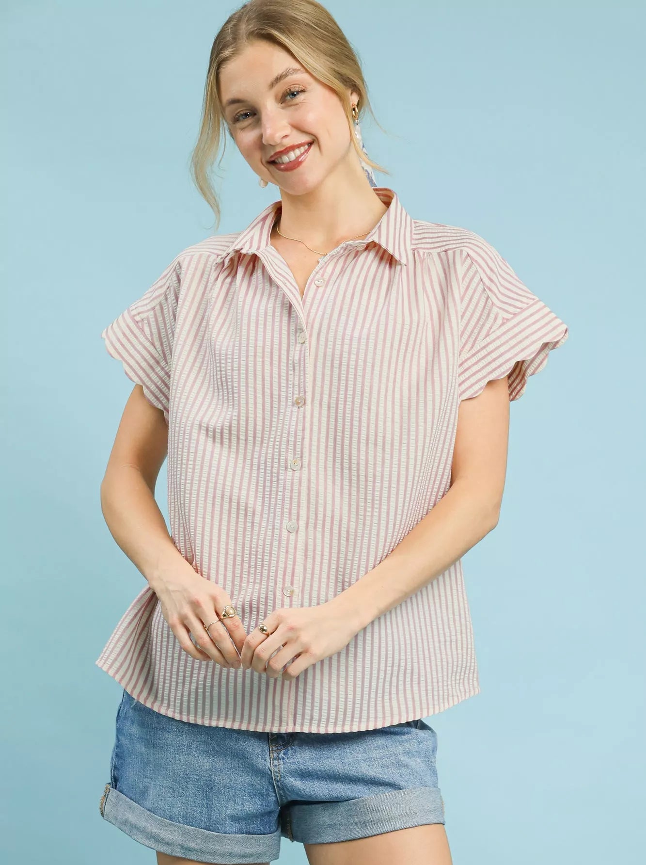 Umgee Striped Button-Down Top with Scallop Sleeves