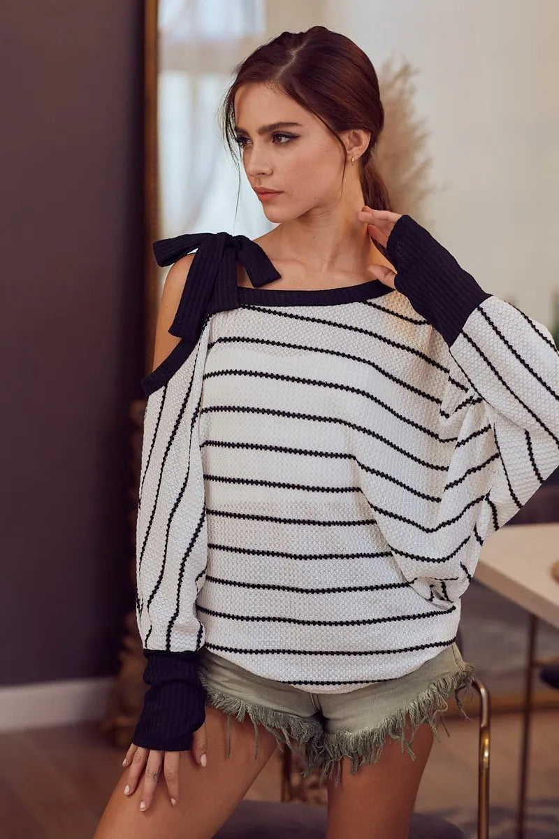 BiBi Blouse Stripe Yarn Dye Waffle One Shoulder Ribbon Detail Top 5aef497a4e9d4a5ab1c2c442a2650153-Max-Origin Trendsi