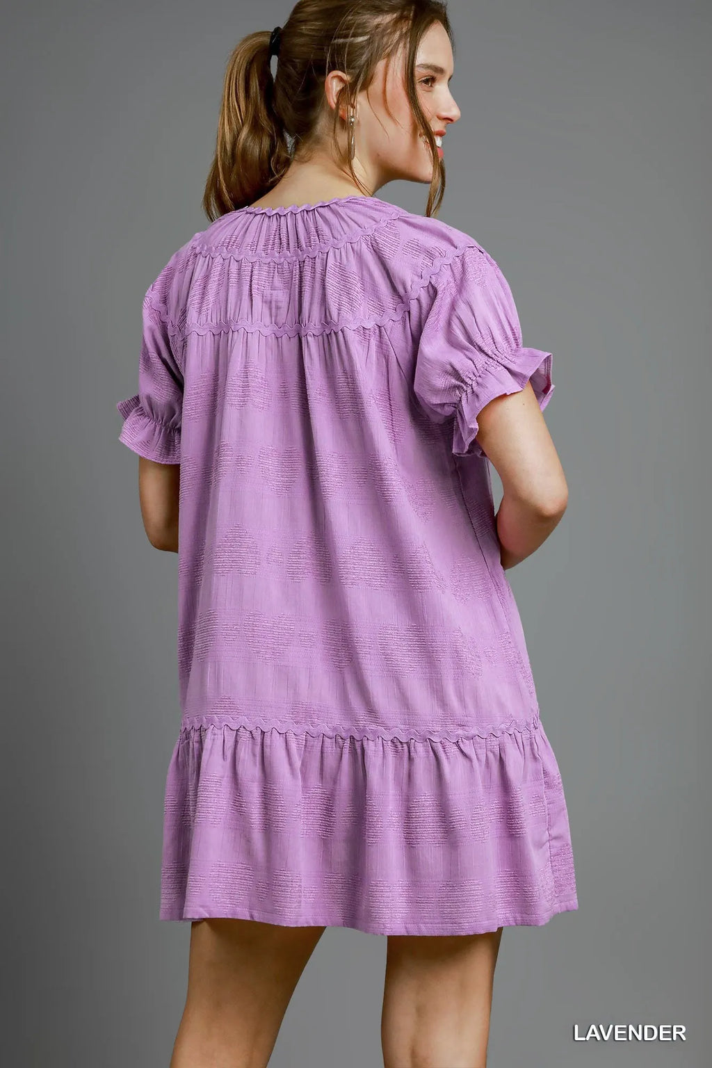 Umgee Babydoll Dress Heart Pattern Lavender Short Sleeve Ruffle Tiered 5af9141a-3591-49f1-8d5e-40e6c14f37d2-Max-Origin Trendsi