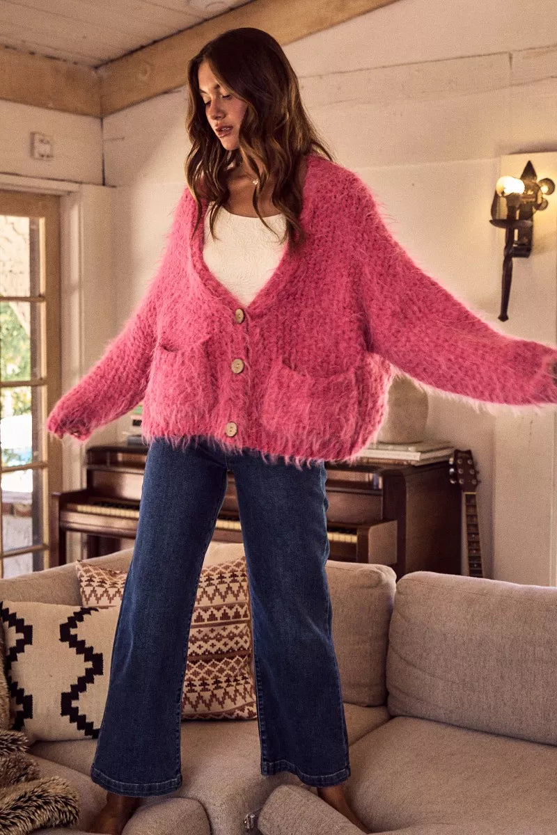 SO ME Womens Cardigan Pink Soft Touch Hairy Loose Fit Cozy Sweater 5af93ec8b46546d58f6a73ec3208ecec-Max-Origin Trendsi