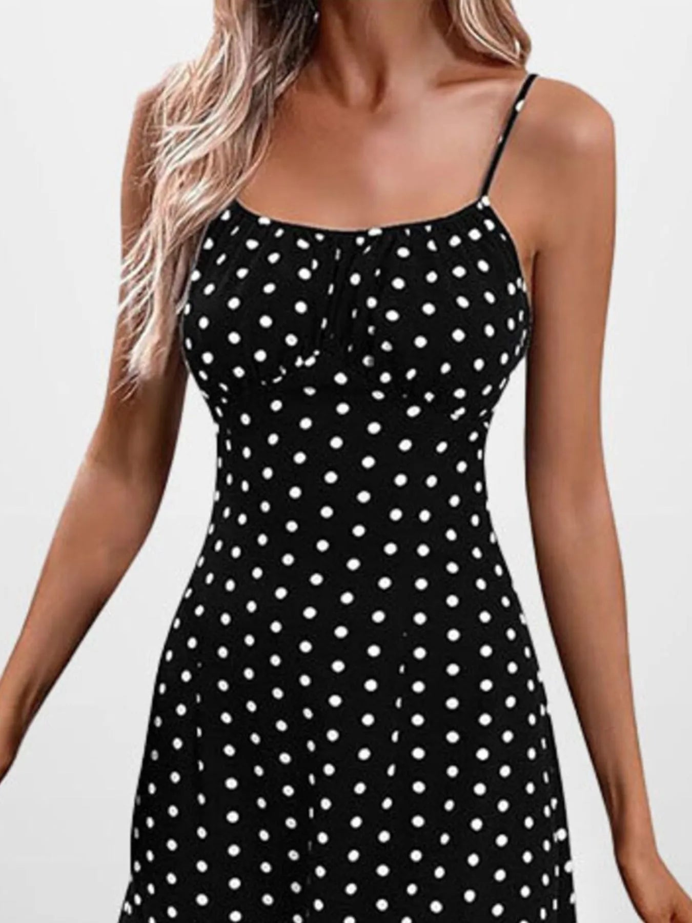 Cami Midi Dress Floral Polka Dot Printed Side Slit Tied Strappy Dresses Black Dot 5af94c57-62ac-4b97-8b94-bf234bd13dc8-Max-Origin Trendsi